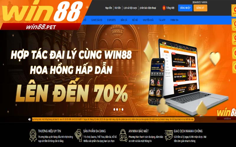 Hợp tác đại lý win88 nhận hoa hồng lên đến 70%